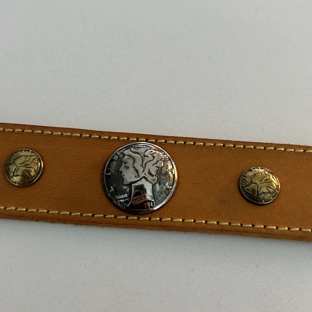 VTG Mustard Yellow Leather Coin Belt Brass Silver Metal Medallions Western Boho